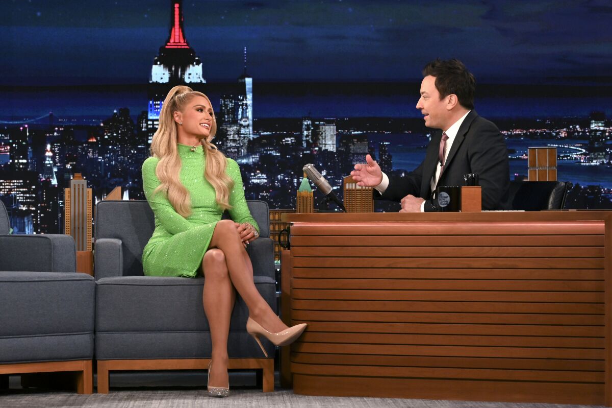 Paris Hilton during an interview with host Jimmy Fallon on Monday.