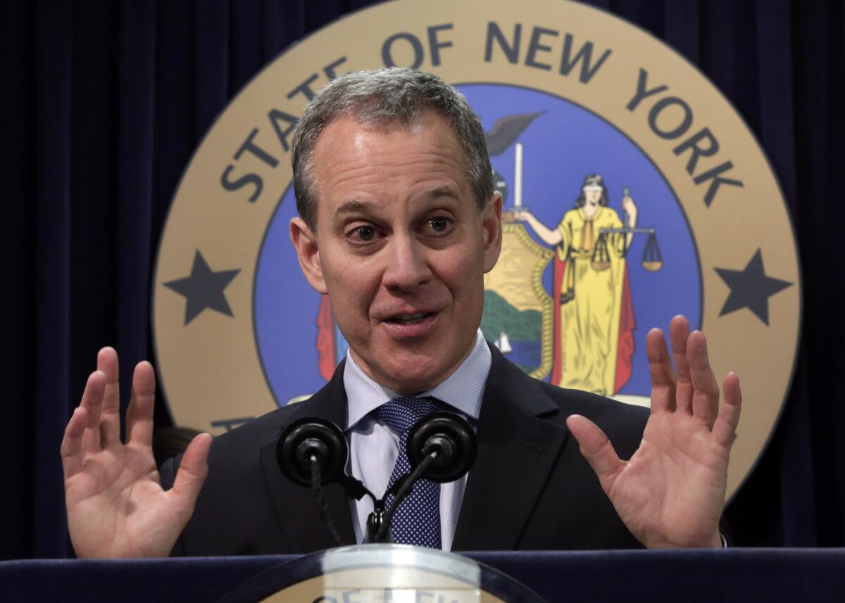 New York Atty. Gen. Eric Schneiderman speaks at a news conference in New York City.