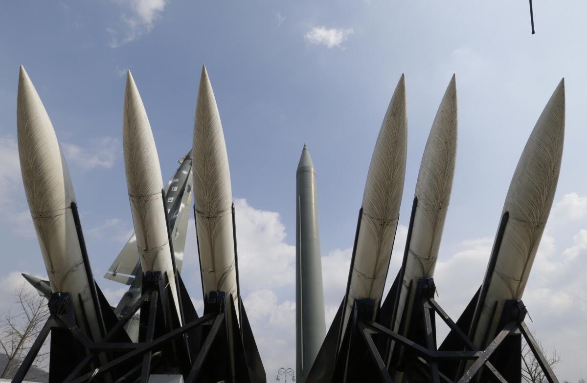 A mock Scud-B missile of North Korea, center, and South Korean missiles are displayed at the Korea War Memorial Museum in Seoul. The U.S. and China have reached agreement on tougher sanctions on North Korea, U.N. diplomats said.