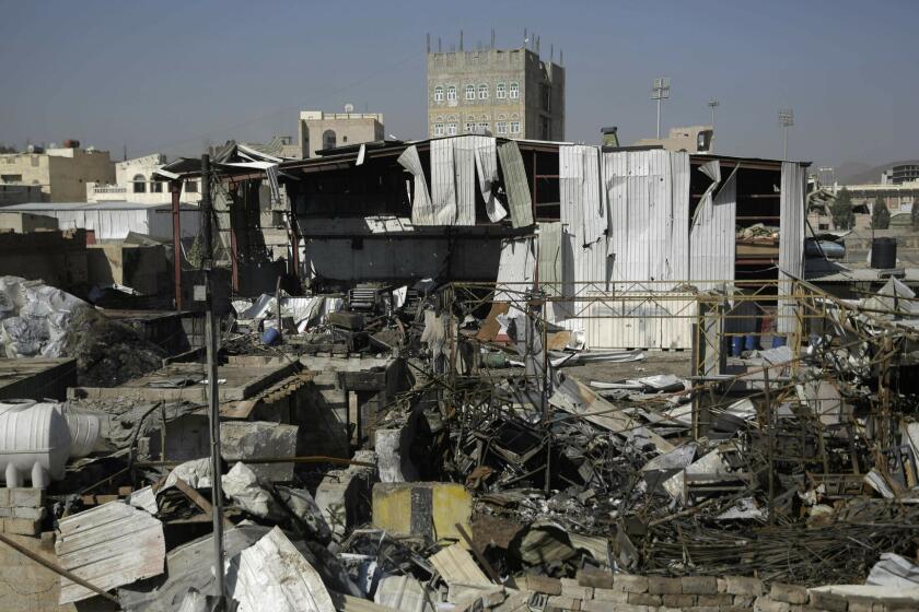 FILE - This April 10, 2019, file photo shows a view of the site of an airstrike by Saudi-led coalition in Sanaa, Yemen. President Donald Trump on Tuesday vetoed a bill passed by Congress to end U.S. military assistance in Saudi Arabia's war in Yemen. (AP Photo/Hani Mohammed, File)