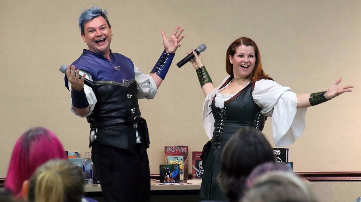 Xander Jeanneret and music partner Bonnie Gordon performed a nerd culture comedy act at the Buena Vista Branch Library on Thursday, June 29, 2017.