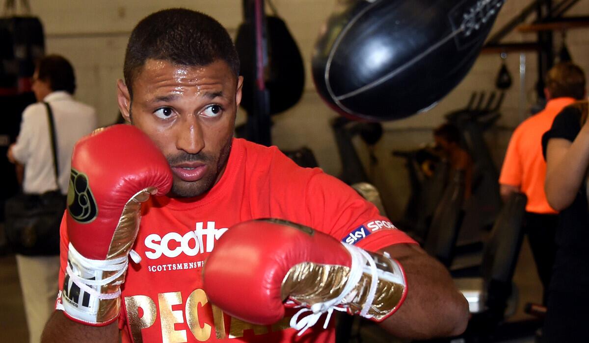 Kell Brook works on the speed bag during a training session for the media at Barry's Gym in Las Vegas.