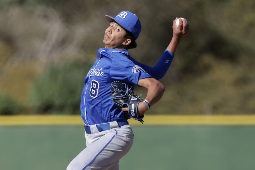 SAN DIEGO, CA - MARCH 28, 2024: Rancho Bernardo's starting pitcher, Nathan Ling delivers a pitch to Cathedral Catholic in the first inning of the Lions Tournament Open Division final at Cathedral Catholic High School in San Diego on Thursday, March 28, 2024. (Hayne Palmour IV / For The San Diego Union-Tribune)