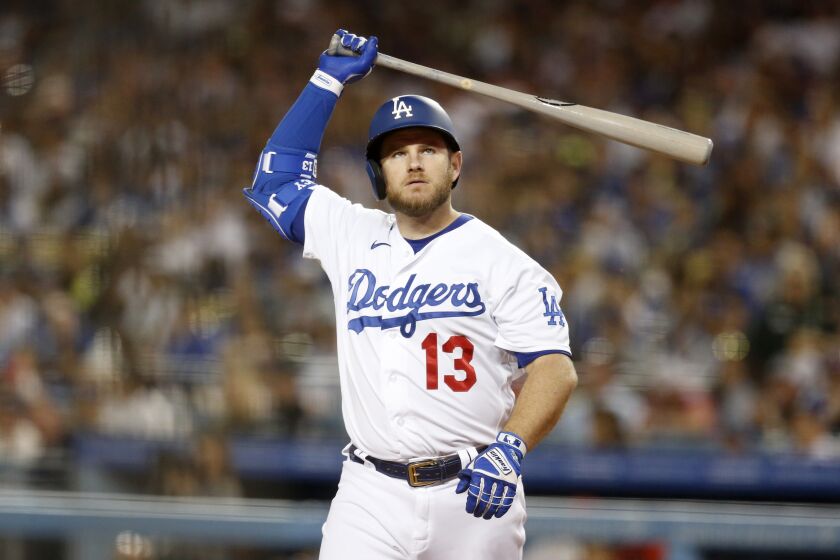 LOS ANGELES, CA - MAY 13: Los Angeles Dodgers Max Muncy (13) strikes out swinging.