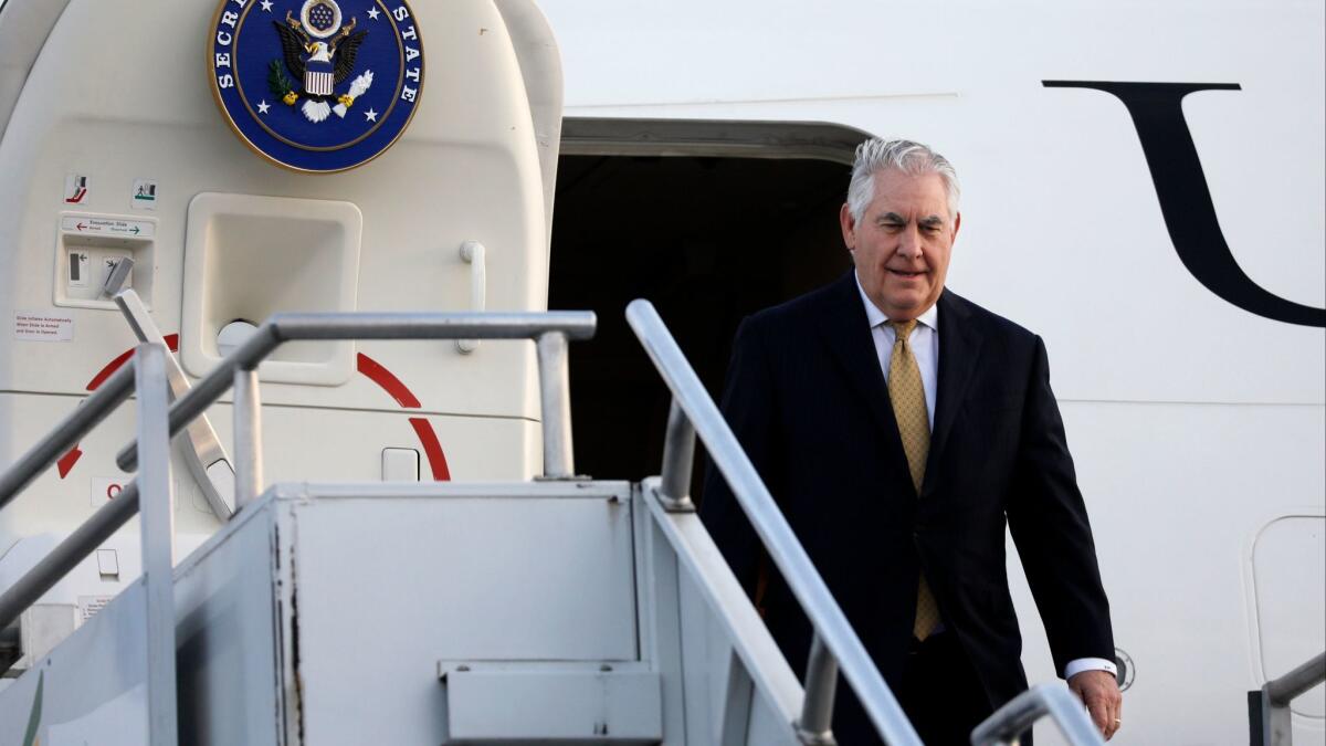 U.S. Secretary of State Rex Tillerson arrives to begin a six-day trip in Africa, after landing at the Addis Ababa International Airport on Tuesday.