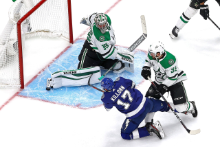 EDMONTON, ALBERTA - SEPTEMBER 19: Anton Khudobin #35 of the Dallas Stars makes the save on a shot by Alex Killorn.