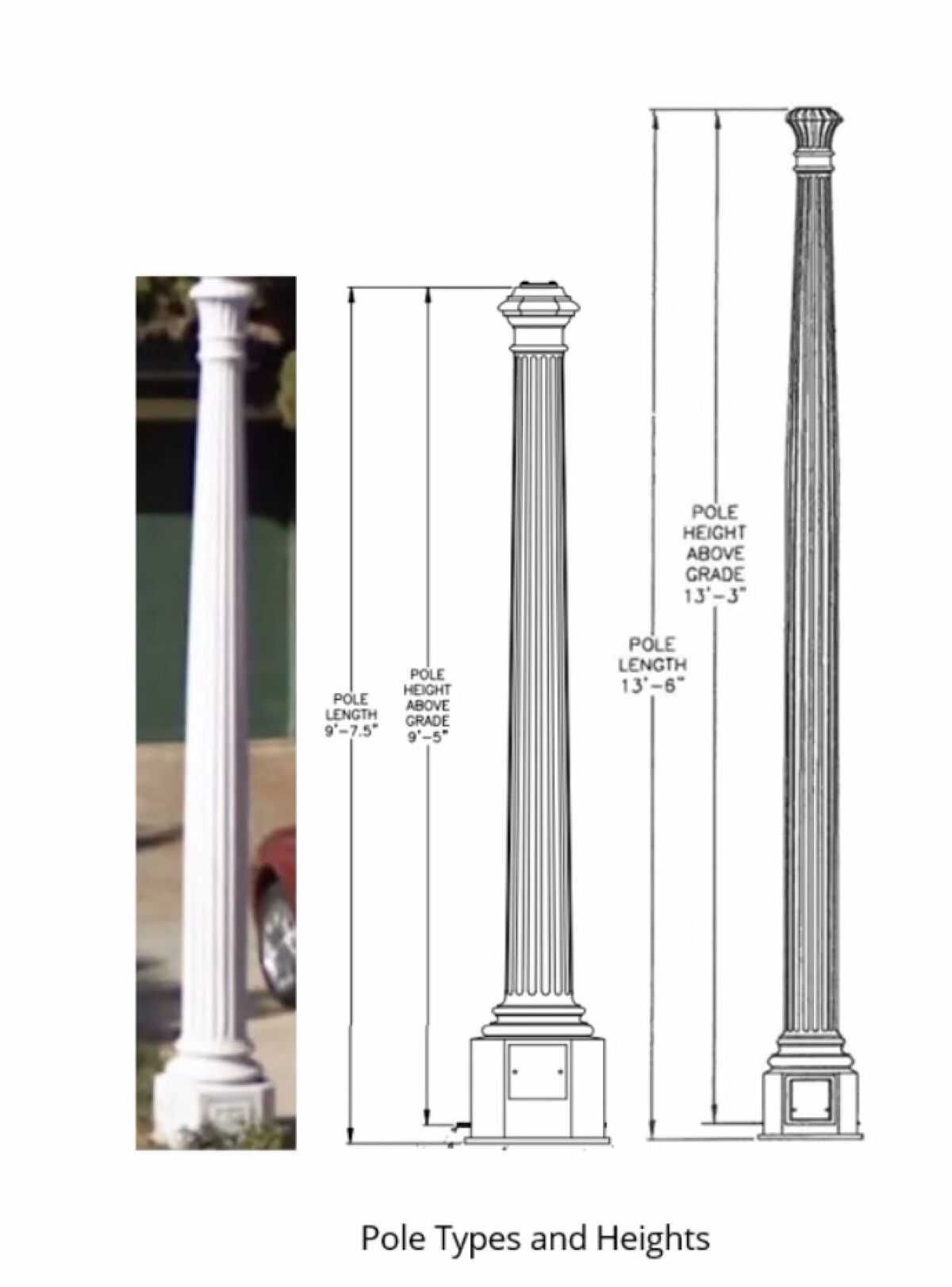 The poles can be either 9½ or 13½ feet tall and differ slightly in design details at the top and bottom.