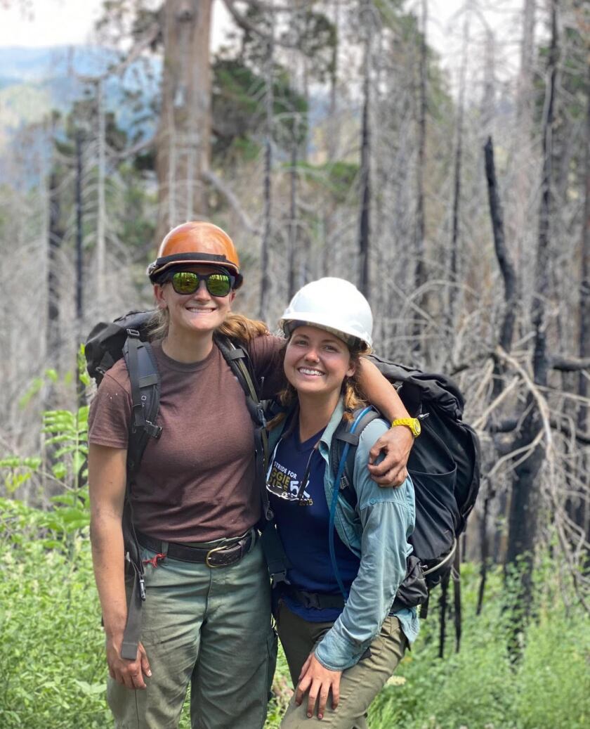 Fire ecologists Linnea Hardlund and Katie Ohlin, right, in the burned-out Black Forest in 2020.