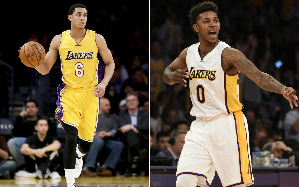 Los Angeles Lakers guards Jordan Clarkson, left, and Nick Young were accused of harassing a woman and her mother Sunday night in Hollywood.