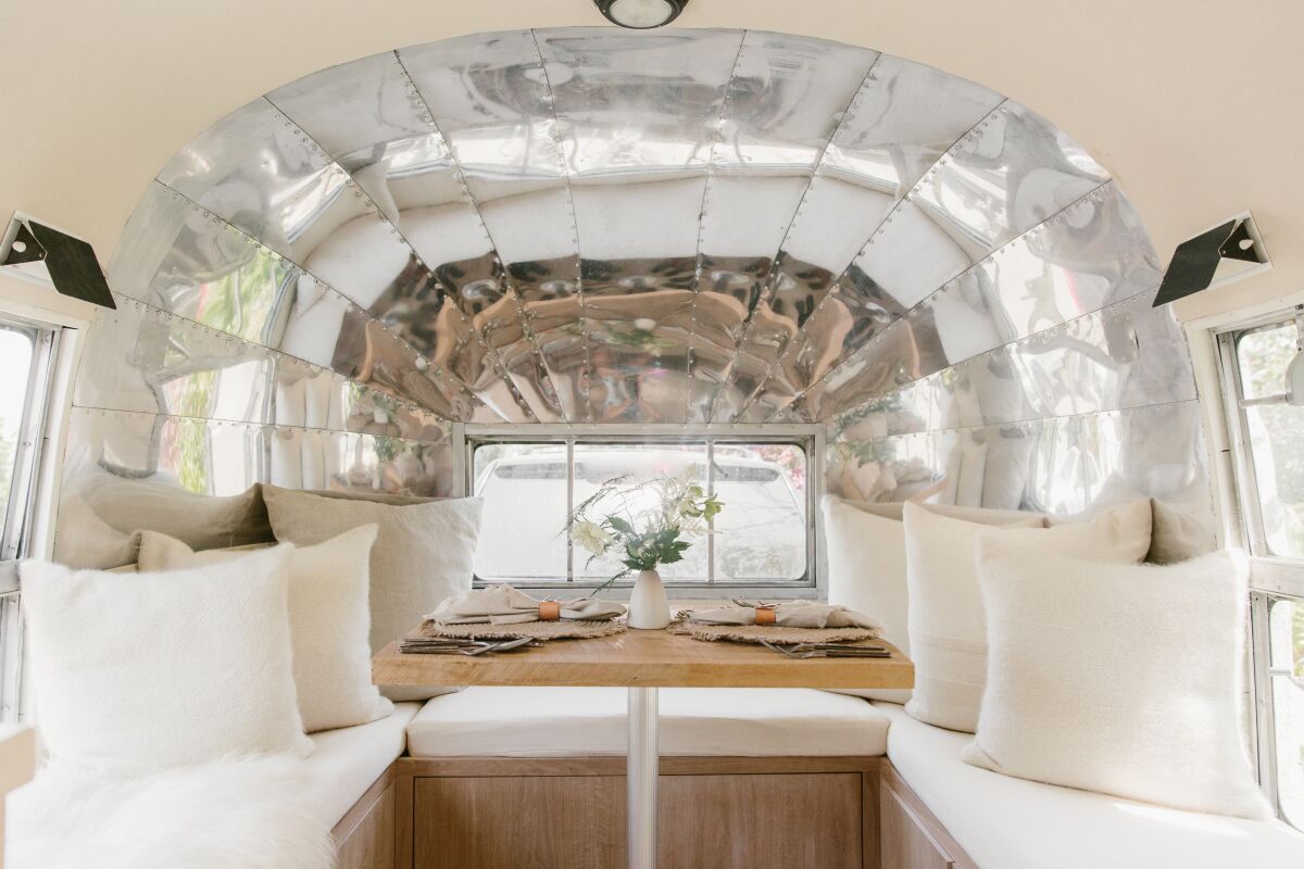 The interior of the Jenni Kayne Airstream trailer used during a pop-up shopping event.