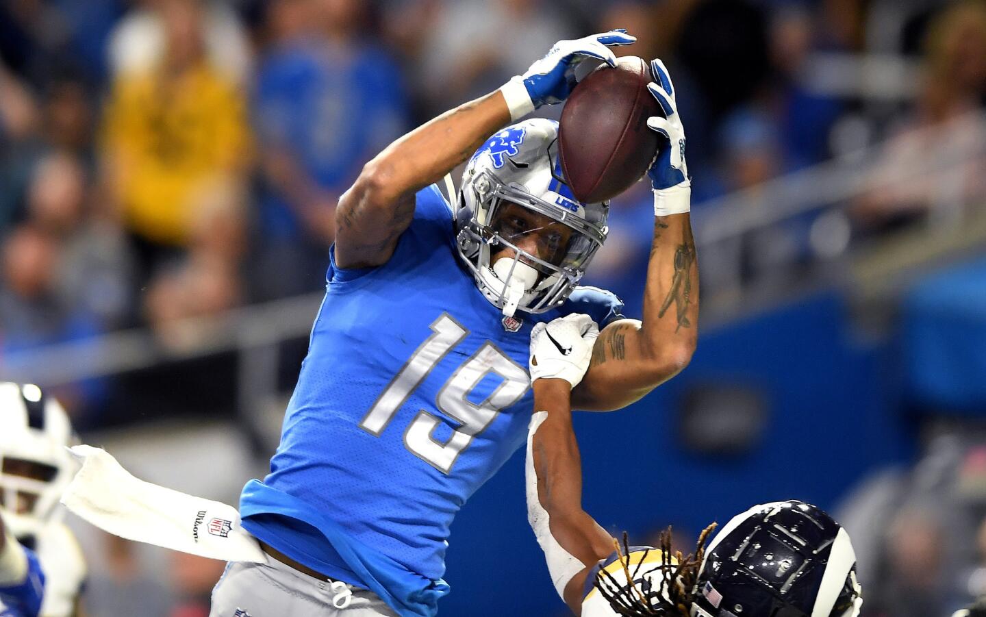 Detroit Lions receiver Kenny Golladay cacthes a pass in the end zone against the Rams but is ruled out of bounds in the fourth quarter at Ford Field in Detroit on Sunday.