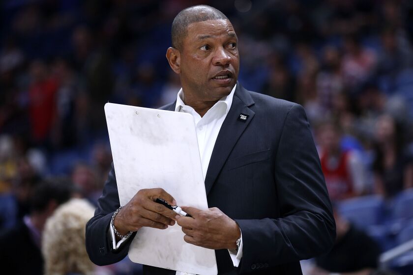 NEW ORLEANS, LA - OCTOBER 23: Head coach Doc Rivers of the LA Clippers reacts during a game against the New Orleans Pelicans at the Smoothie King Center on October 23, 2018 in New Orleans, Louisiana. NOTE TO USER: User expressly acknowledges and agrees that, by downloading and or using this photograph, User is consenting to the terms and conditions of the Getty Images License Agreement. (Photo by Jonathan Bachman/Getty Images)