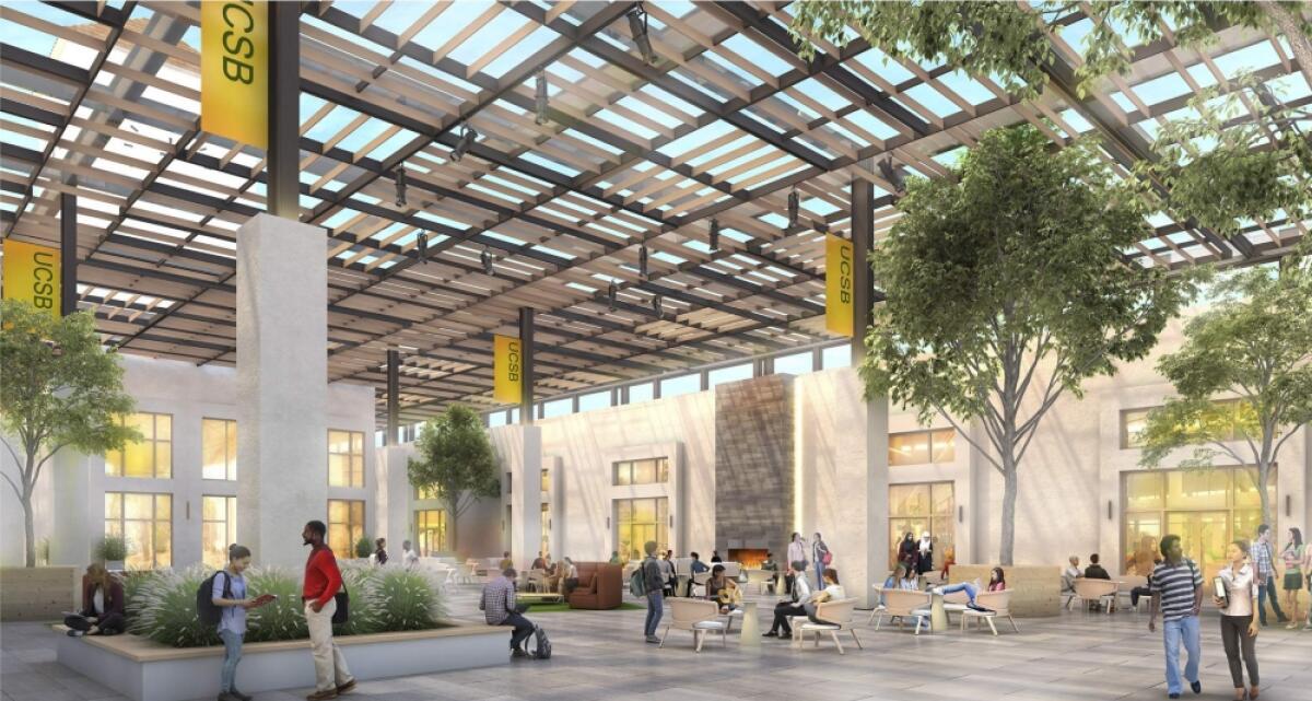 A rendering shows students sitting on benches in an internal courtyard studded with trees.