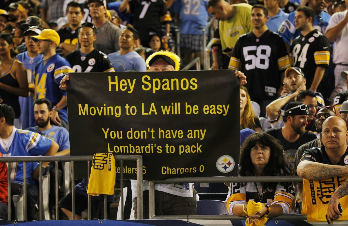 A Steelers fan holds up a sign during the Chargers Monday Night Football game at Qualcomm Stadium. — K.C. Alfred / San Diego Union-Tribune