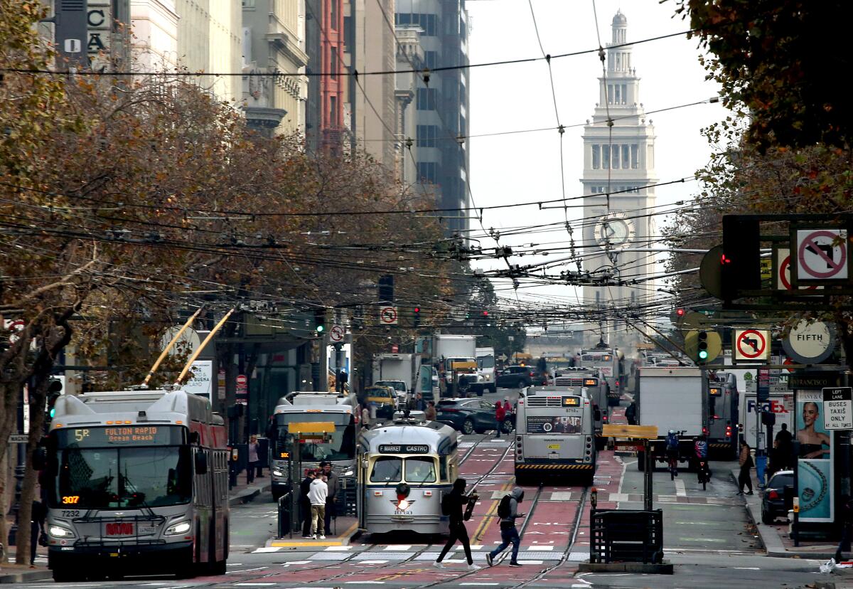 Traffic streams along Market Street in downtown San Francisco near the Ferry Building and Embarcadero. 