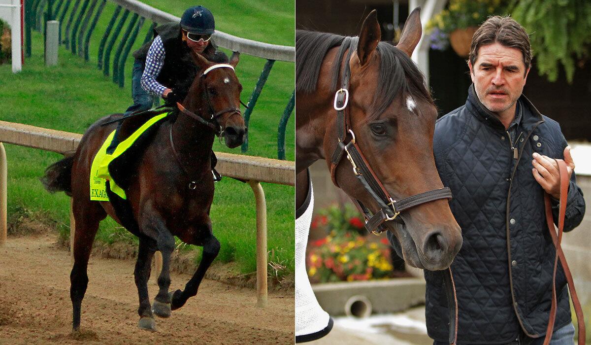 Kent Desormeaux, right, rides Kentucky Derby hopeful Exaggerator in a workout at Churchill Downs on Saturday; his brother, trainer Keith Desormeaux walks Exaggerator on Tuesday.