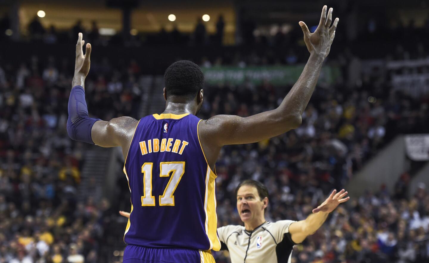 Lakers center Roy Hibbert argues a call with referee Kane Fitzgerald during the second half of a a game against the Portland Trail Blazers on Jan. 23.