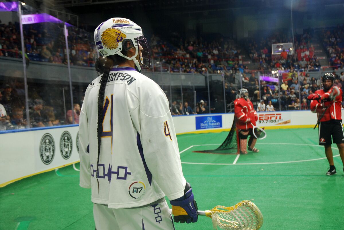 This Sept. 18, 2015 photo shows Lyle Thompson, Onondaga, of the Iroquois Nationals during the 2015 World Indoor Lacrosse Championships on the Onondaga Nation Reservation just south of Syracuse, New York. The Ireland Lacrosse team recently bowed out of the sport's top international tournament to open up a spot for the Iroquois Nationals. It's the latest in a series of gestures between the country and U.S. tribes that date back to 1847, when Choctaw leaders gave $170 to the Irish as their country battled a potato famine that resulted in the death of tens of thousands. Historians estimate today's value of the amount at roughly $5,000. (Jourdan Bennett-Begaye, Indian Country Today via AP)
