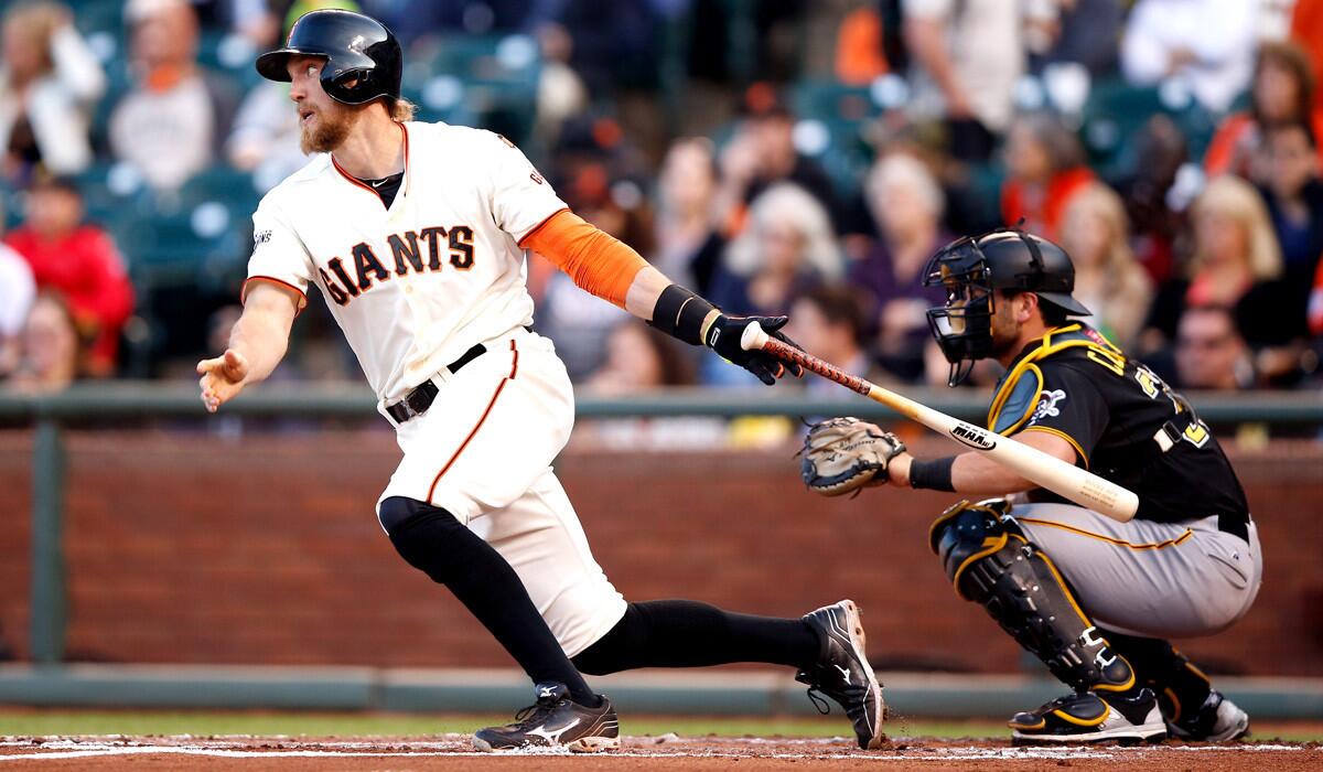 San Francisco Giants right fielder Hunter Pence hits a single against the Pittsburgh Pirates on June 2. Pence was placed on the 15-day disabled list because of a sore left wrist.