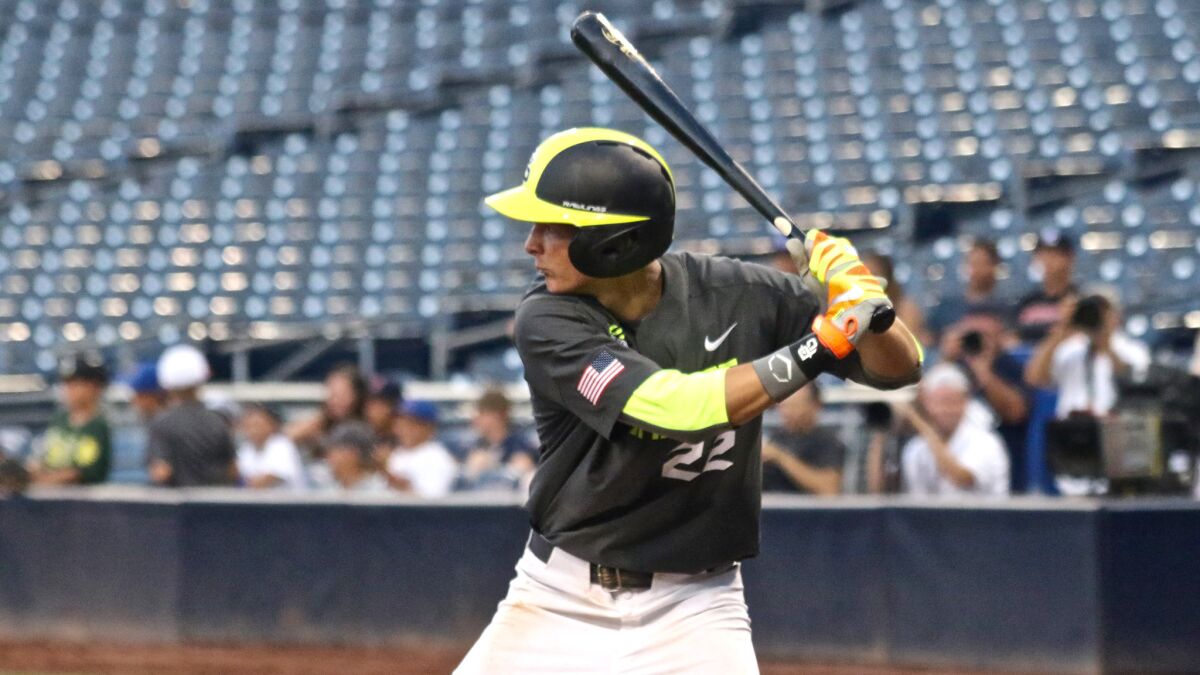La Costa Canyon outfielder Mickey Moniak bats during the Perfect Game All-American Classic in San Diego.