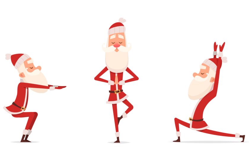 Santa yoga poses. Christmas holiday healthy character standing in various poses vector cute. Illustration of santa claus yoga