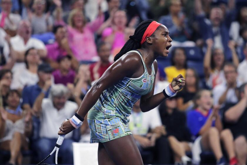 Coco Gauff, of the United States, pumps her fist after winning a point against Timea Babos, of Hungary, during the second round of the U.S. Open tennis tournament in New York, Thursday, Aug. 29, 2019. (AP Photo/Charles Krupa)