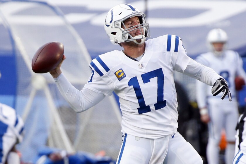 Indianapolis Colts' Philip Rivers (17) throws a pass to Jack Doyle for a touchdown during the second half of an NFL wild-card playoff football game against the Buffalo Bills Saturday, Jan. 9, 2021, in Orchard Park, N.Y. (AP Photo/Jeffrey T. Barnes)