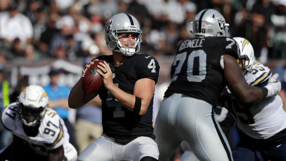 Raiders quarterback Derek Carr looks to pass against the Chargers during a game Oct. 12.