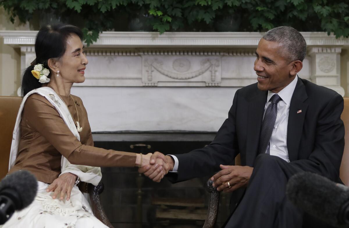 President Obama and Myanmar leader Aung San Suu Kyi shake hands Sept. 14 at the White House.