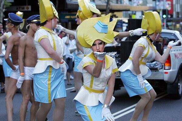 Drag queen Summer Salt and Foreplay group entertain crowds on Oxford Street at the Sydney Gay & Lesbian Mardi Gras.