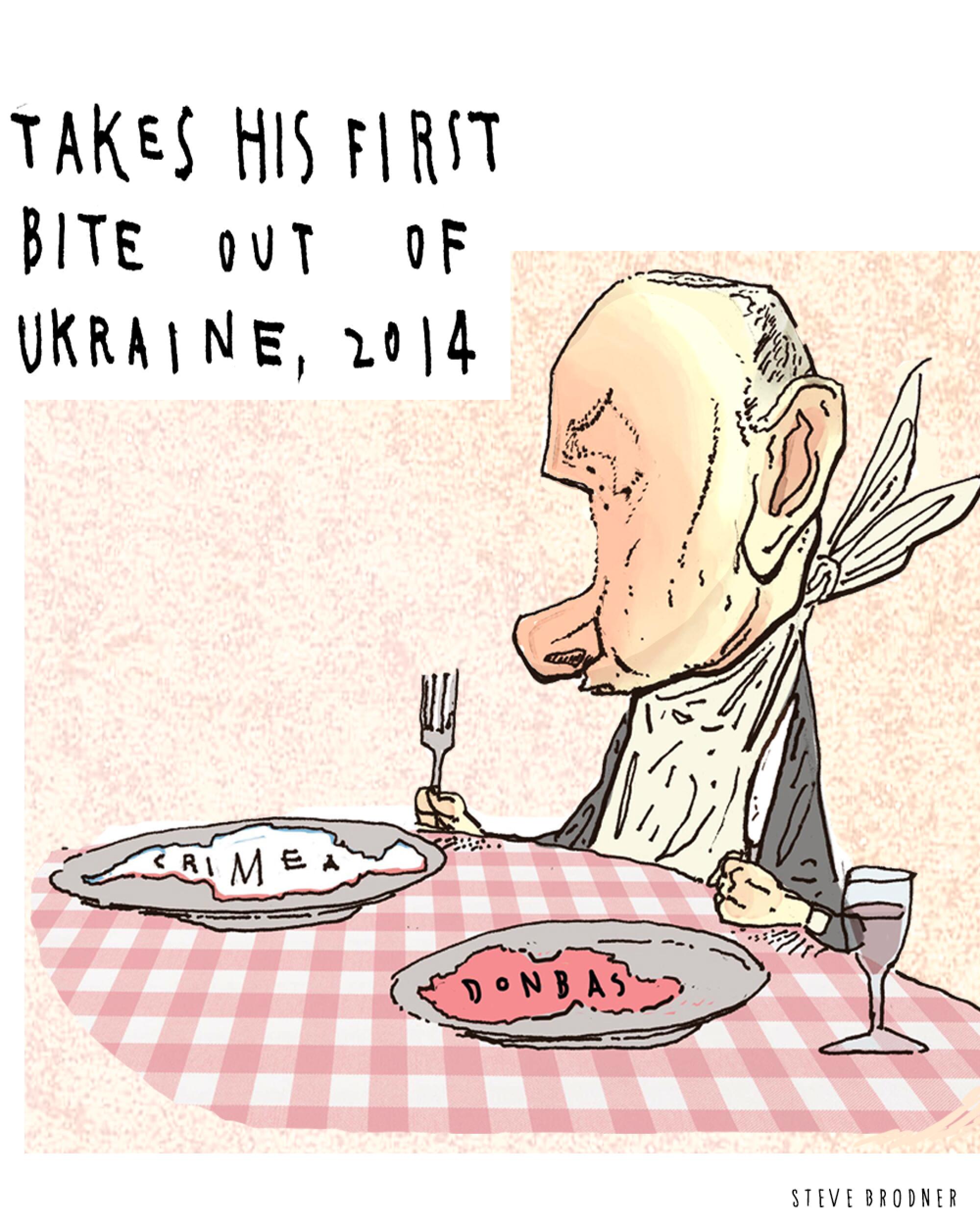 Putin at a table with Crimea and Donbas on dinner plates. Text: "Takes his first bite out of Ukraine, 2014"
