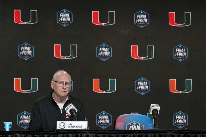 Miami head coach Jim Larranaga speaks during a news conference in preparation for the Final Four college basketball game in the NCAA Tournament on Thursday, March 30, 2023, in Houston. Miami will face UConn on Saturday. (AP Photo/David J. Phillip)