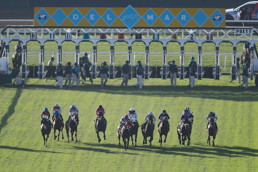 Del Mar, CA - July 21: Horses sprint from the gates during the final race of Opening Day at the Del Mar Thoroughbred Club on Friday, July 21, 2023 in Del Mar, CA. (Meg McLaughlin / The San Diego Union-Tribune)