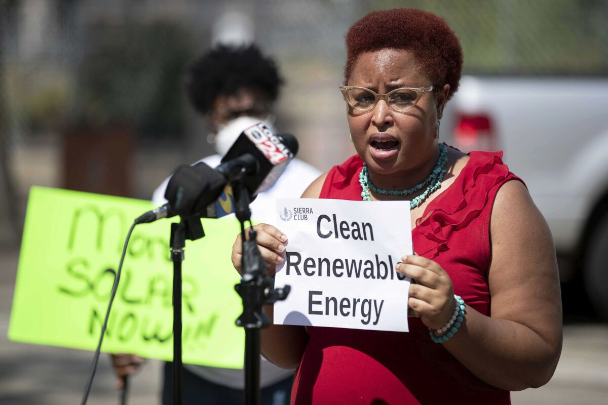 Marquita Bradshaw, environmental justice chair of the Sierra Club Chickasaw Group, speaks July 7, 2020, during a news conference in front of City Hall in downtown Memphis, Tenn. Bradshaw scored an upset win over former Army helicopter pilot James Mackler in the Tennessee Democratic primary for U.S. Senate, on Thursday, Aug. 6, 2020, and will face former U.S. Ambassador to Japan Bill Hagerty in the November election. (Max Gersh/The Commercial Appeal via AP)