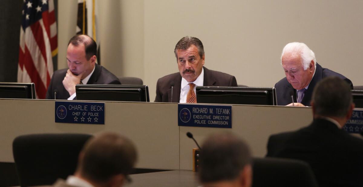 Inspector General Alexander A. Bustamante, left, LAPD Chief Charlie Beck, center, and Executive Director Richard M. Tefank, right, listen during Tuesday's police commission meeting.