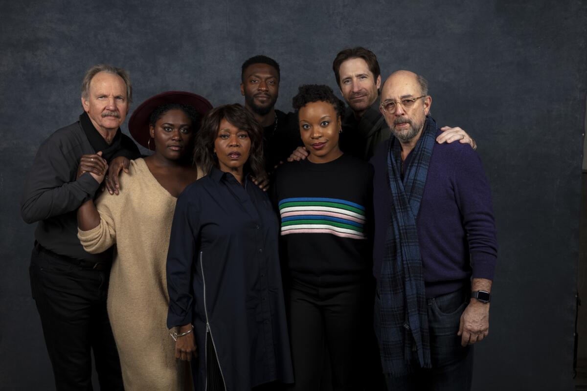 Actors Michael O'Neill, from left, Danielle Brooks Alfre Woodard and Aldis Hodge, writer-director Chinonye Chukwu and actors Wendell Pierce and Richard Schiff, from the film "Clemency," at the 2019 Sundance Film Festival.