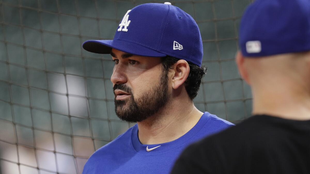 Dodgers first baseman Adrian Gonzalez watches batting practice before Game 3.