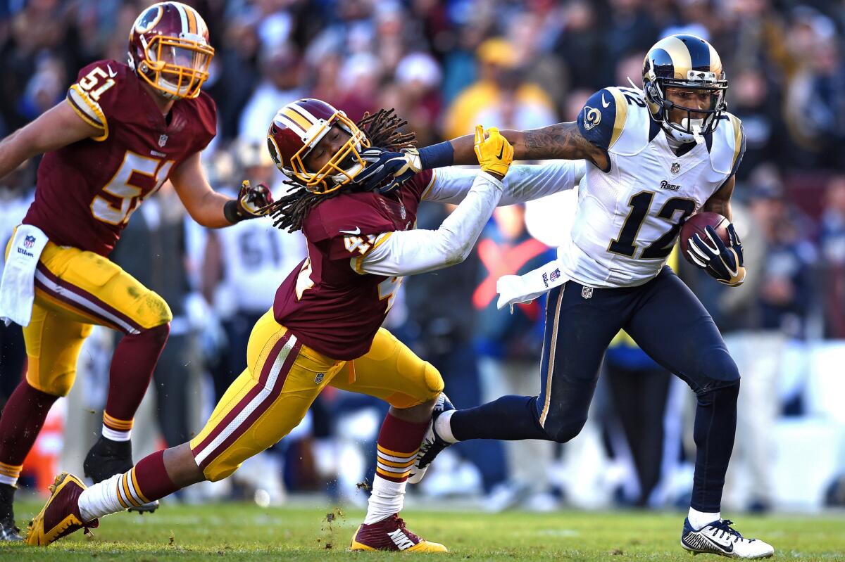 Rams receiver Stedman Bailey (12), in action against the Washington Redskins on Dec. 7, 2014, was shot in the head last November.