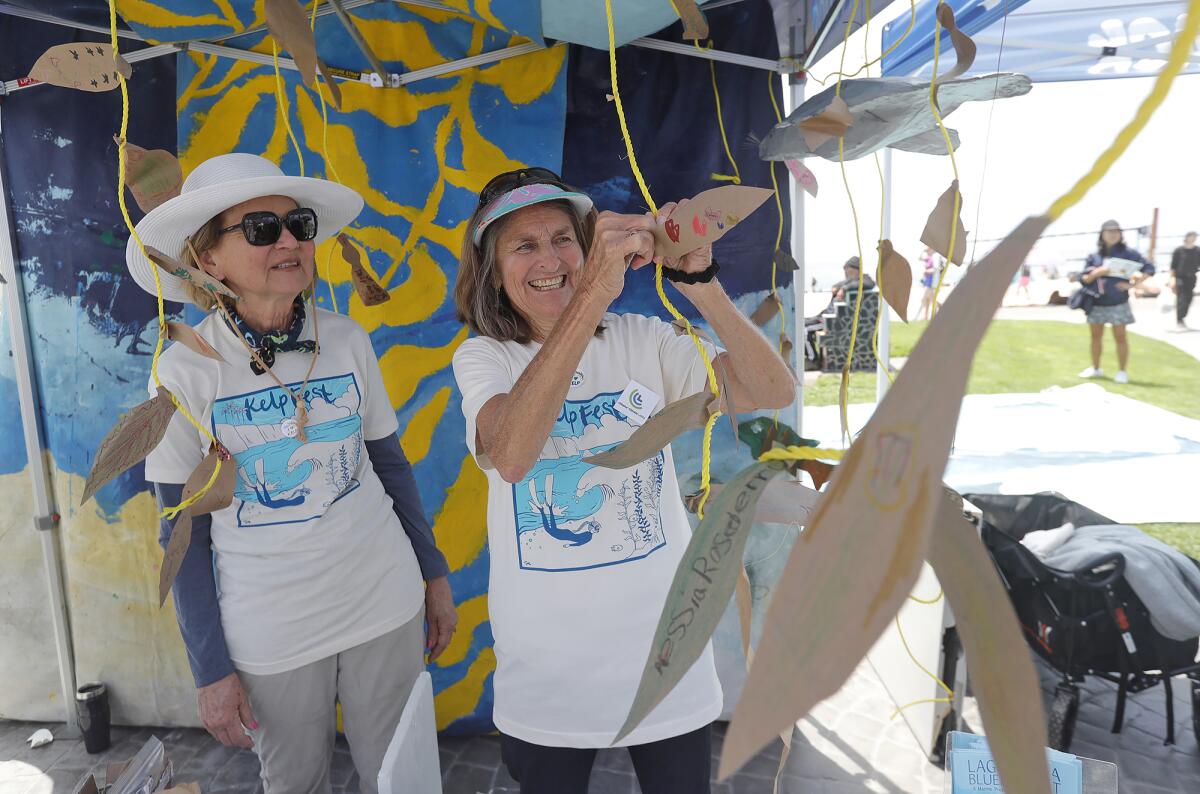 Judy Teverbaugh, left, and Susie McDuffy, from Laguna Bluebelt, participate in KelpFest at Laguna Beach's Main Beach.
