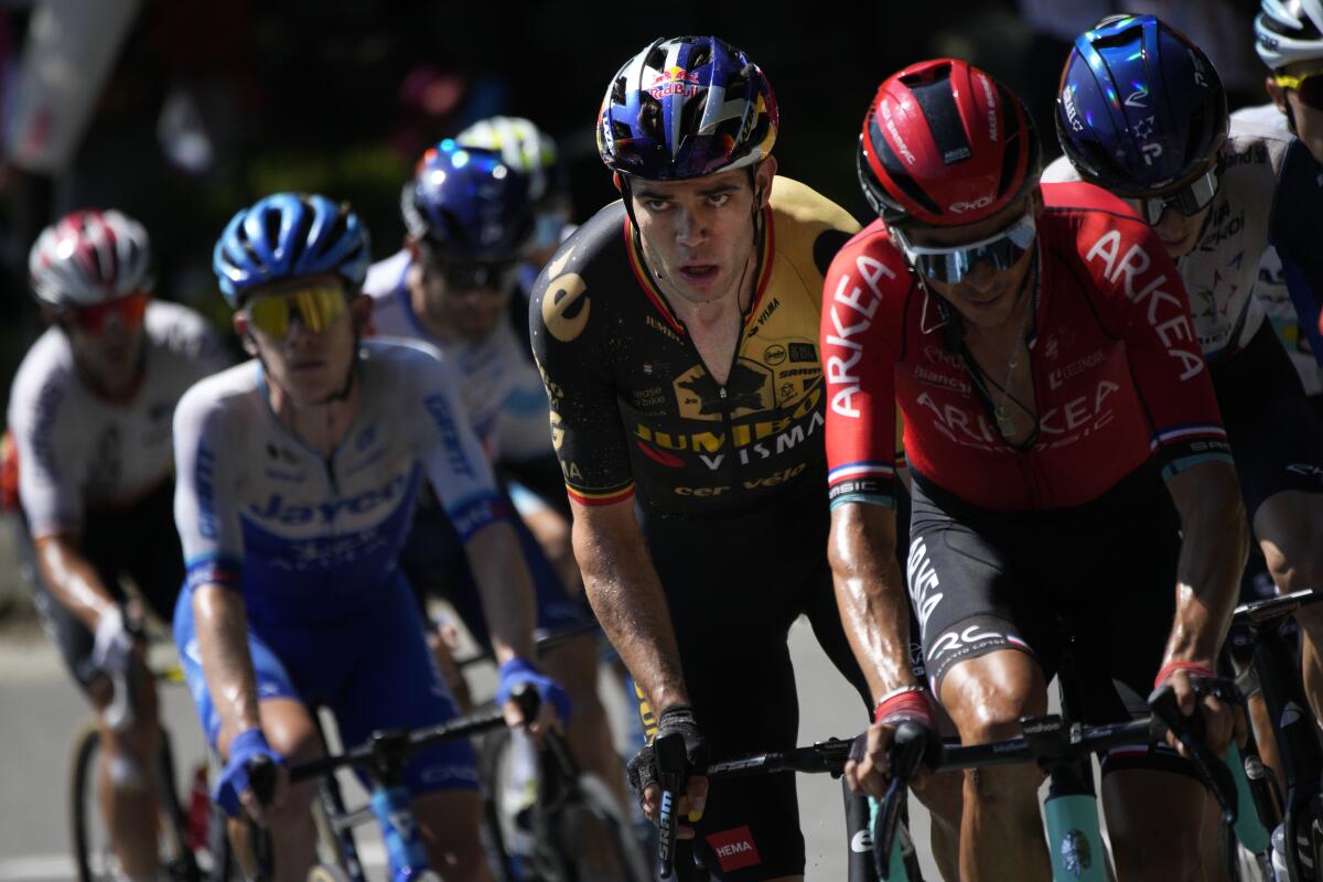 Belgium's Wout Van Aert climbs in the breakaway during the fifteenth stage of the Tour de France cycling race.