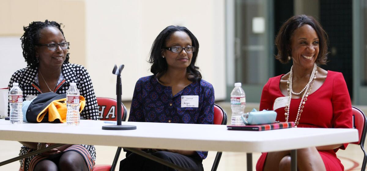 From left to right, Flintridge Sacred Heart Academy student mom Dr. Phyllis Mackey, Pasadena councilmember Jackie Robinson and FSHA student mom Carmen Mackey spoke to the student body during a Black History Month event sponsored by the Black Student Union at the La Cañada Flintridge school on Wednesday, Feb. 26, 2014.