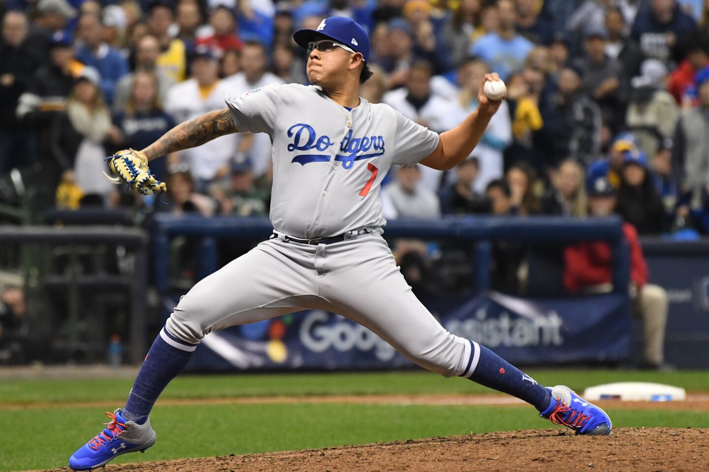 Dodgers relief pitcher Juan Urias throws in the fifth inning.