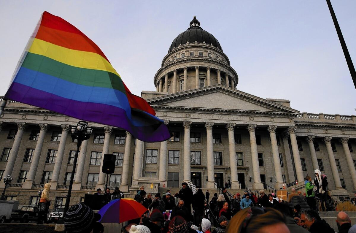 Supporters of same-sex marriage rally outside Utah's Capitol in Salt Lake City on Tuesday.