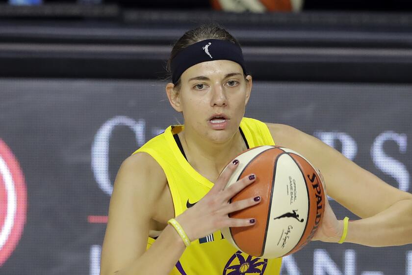 Los Angeles Sparks guard Sydney Wiese during the second half of a WNBA basketball game.