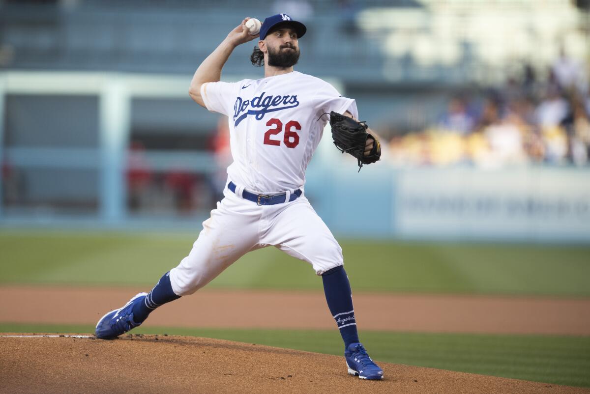 Dodgers starting pitcher Tony Gonsolin delivers during the first inning of a 3-1 win over the Philadelphia Phillies.