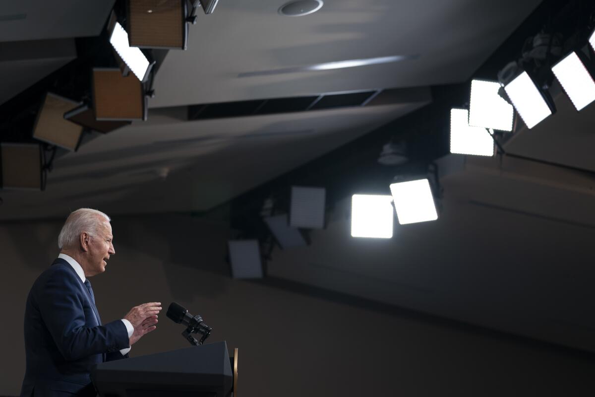 President Biden, at the White House complex on Tuesday, speaks about the COVID-19 vaccination program.