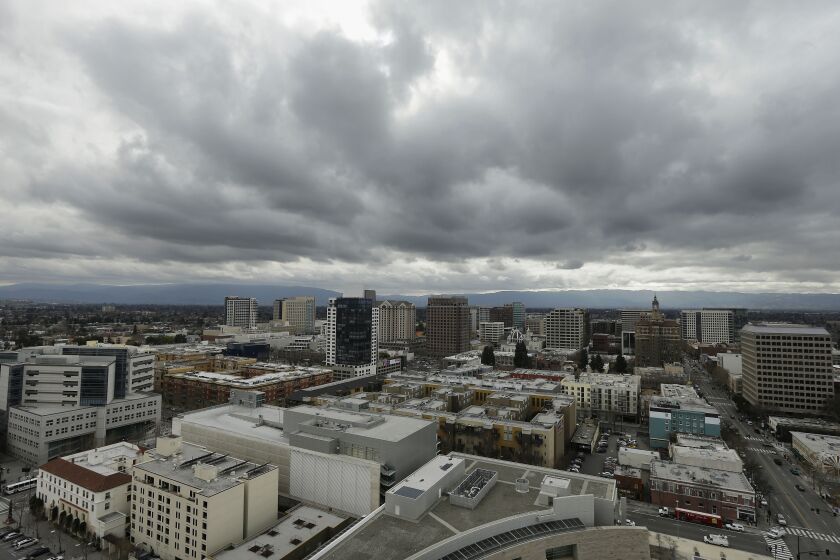 The San Jose skyline is seen from City Hall in San Jose, Calif., Tuesday, Feb. 5, 2013. The Silicon Valley is leading the rest of the country out of the recession with increased jobs, income and initial public offerings last year, according to a new regional report. (AP Photo/Jeff Chiu)