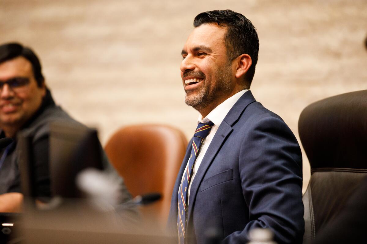 Chula Vista City Attorney Marco Verdugo smiles after being sworn in at Chula Vista City Hall on Tuesday.