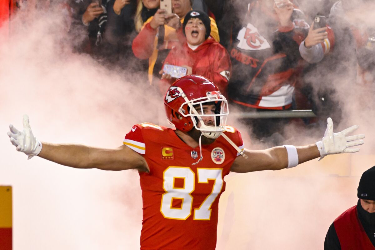 Kansas City Chiefs tight end Travis Kelce takes the field before Sunday's win over the Buffalo Bills.