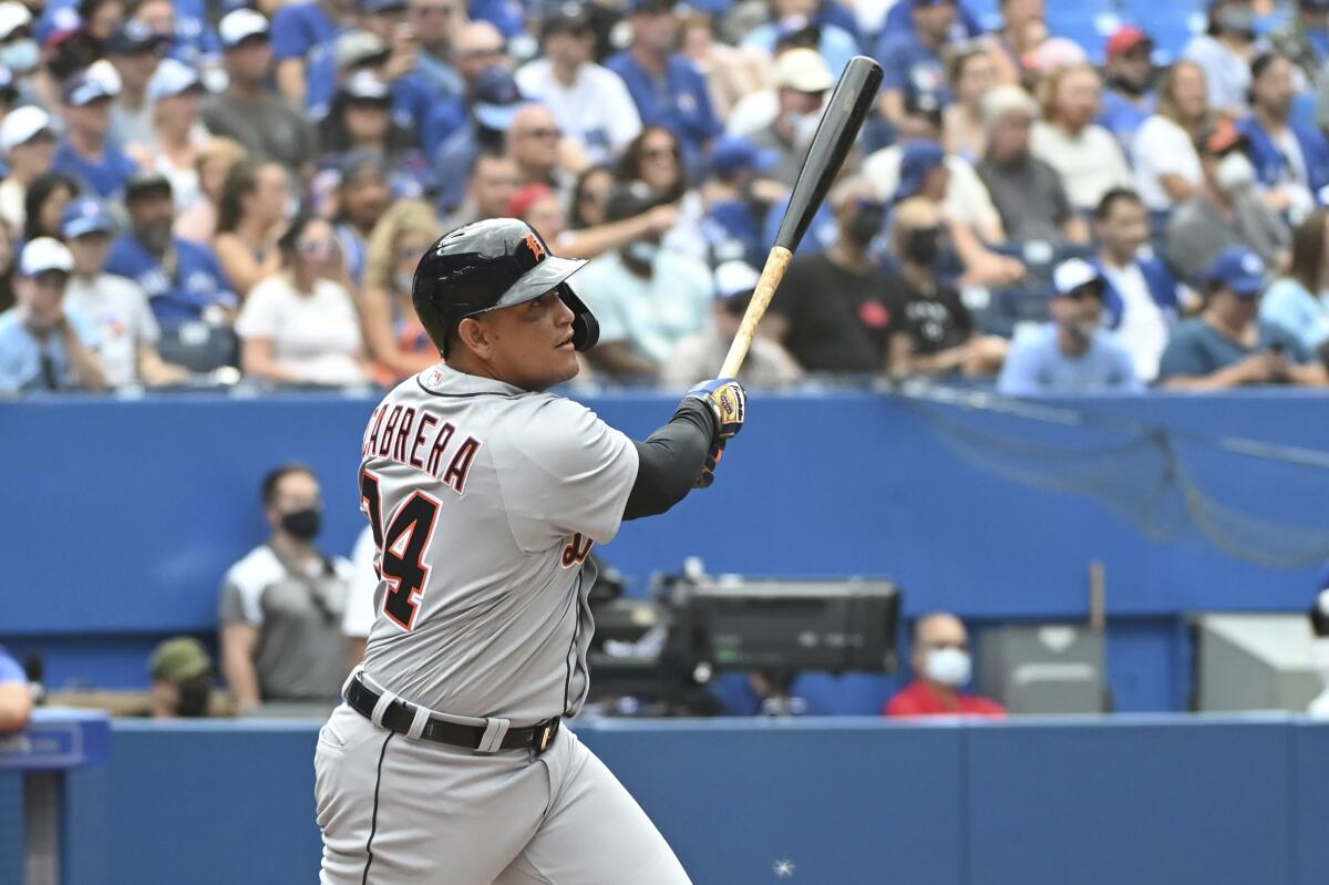 Miguel Cabrera of the Detroit Tigers watches from the dugout